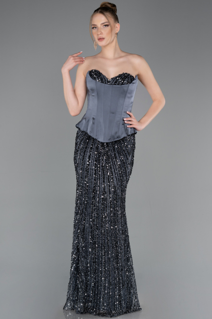 Robe de Soirée Longue Squameuse Anthracite ABU5978