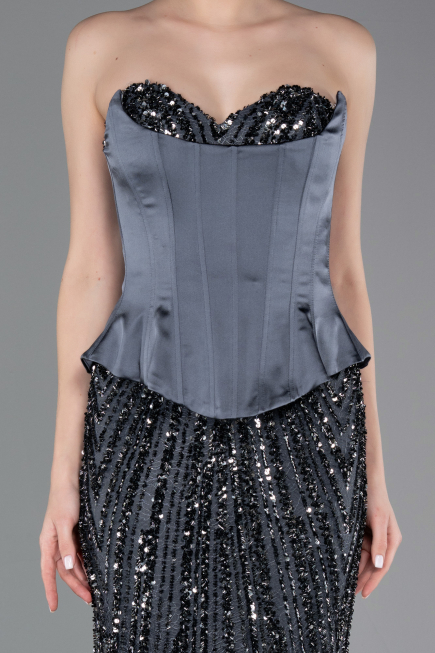 Robe de Soirée Longue Squameuse Anthracite ABU5978