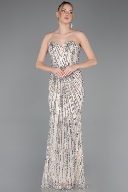Robe de Soirée Longue Squameuse Beige ABU5978