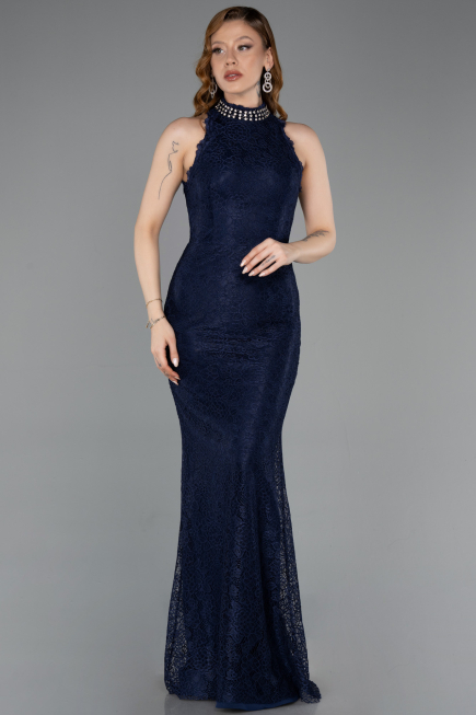 Robe de Soirée Longue Dantelle Bleu Marine ABU5987