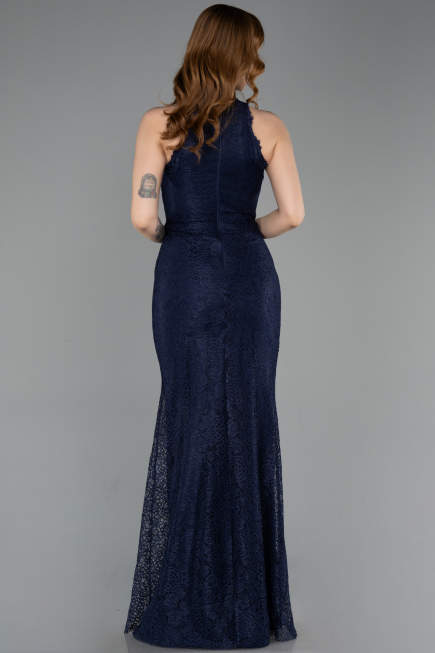 Robe de Soirée Longue Dantelle Bleu Marine ABU5987