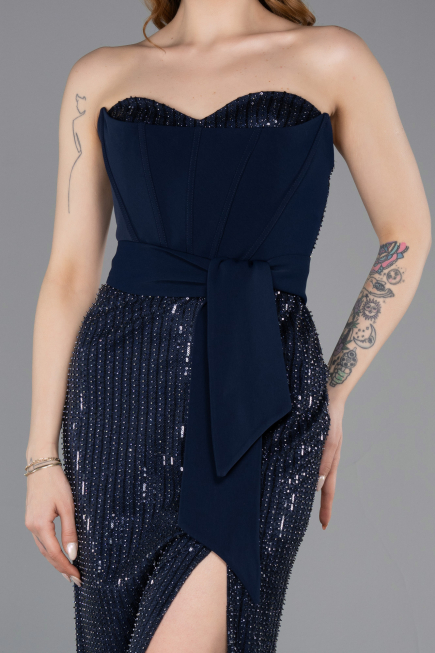 Robe de Soirée Longue Perlé Bleu Marine ABU5988