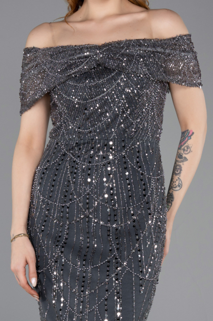 Robe De Soirée Midi Perlé Anthracite ABK2592