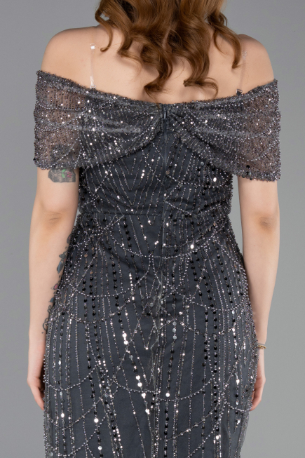 Robe De Soirée Midi Perlé Anthracite ABK2592