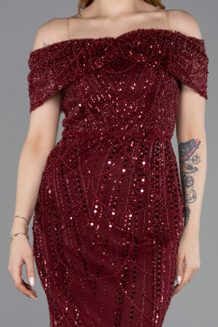 Robe De Soirée Midi Perlé Rouge Bordeaux ABK2592