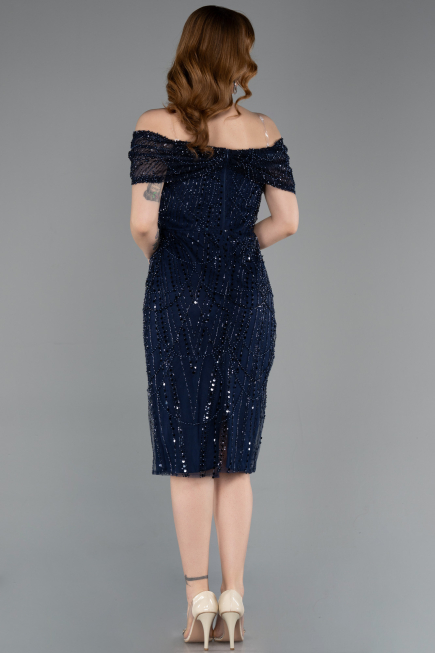 Robe De Soirée Midi Perlé Bleu Marine ABK2592