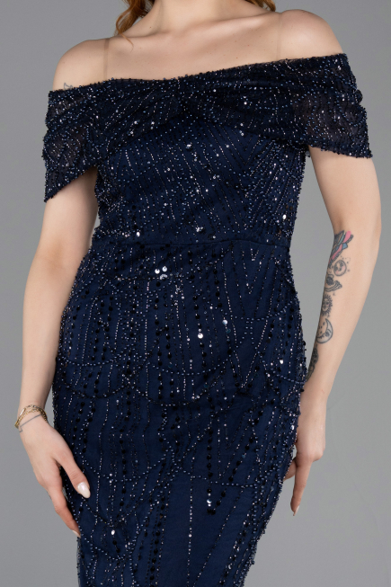 Robe De Soirée Midi Perlé Bleu Marine ABK2592