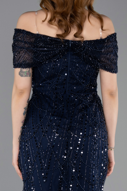 Robe De Soirée Midi Perlé Bleu Marine ABK2592