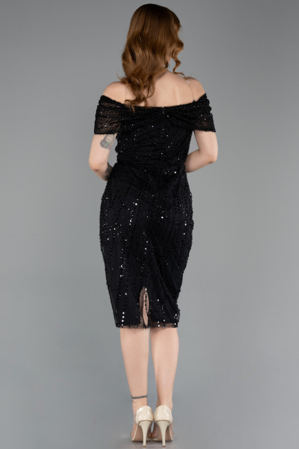Robe De Soirée Midi Perlé Noir ABK2592
