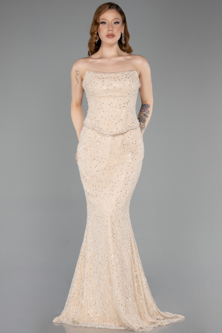 Robe Queue de Poisson Longue Dantelle Beige ABU5993