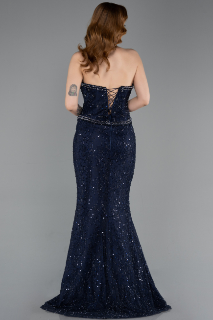 Robe Queue de Poisson Longue Dantelle Bleu Marine ABU5993
