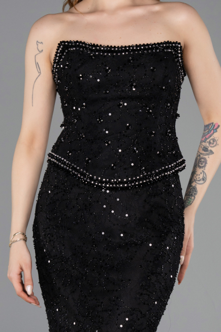 Robe Queue de Poisson Longue Dantelle Noir ABU5993