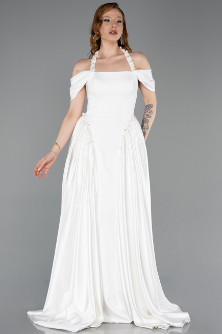 Robe de Soirée Longue Satin Blanc ABU5995