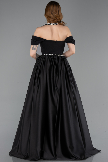 Robe de Soirée Longue Satin Noir ABU5995
