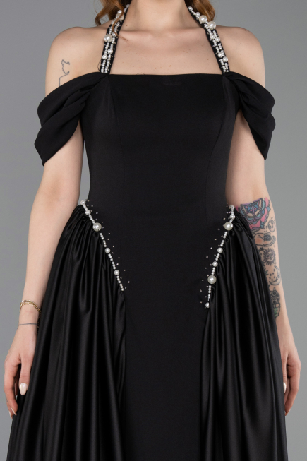 Robe de Soirée Longue Satin Noir ABU5995