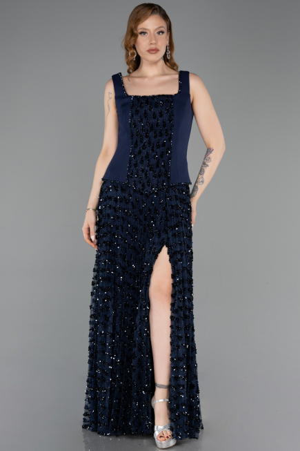 Robe de Soirée Longue Squameuse Bleu Marine ABU5986