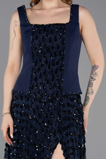 Robe de Soirée Longue Squameuse Bleu Marine ABU5986