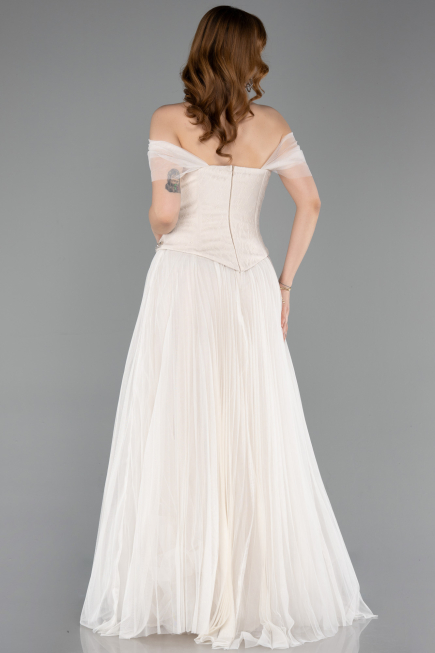 Robe de Soirée Longue Dantelle Beige ABU5996