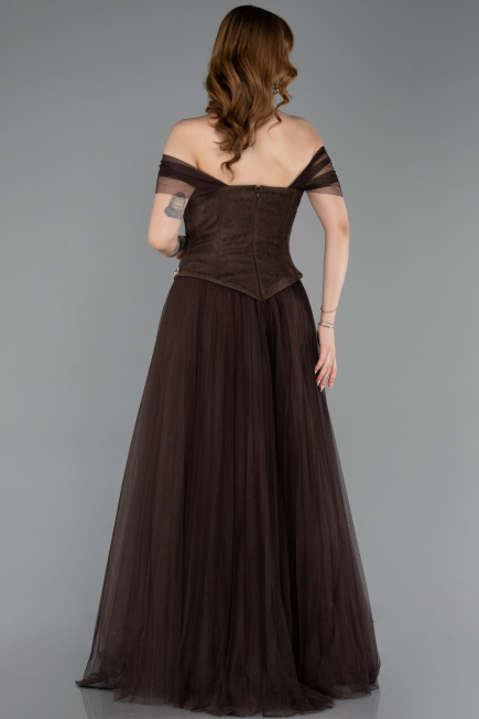 Robe de Soirée Longue Dantelle Brun ABU5996