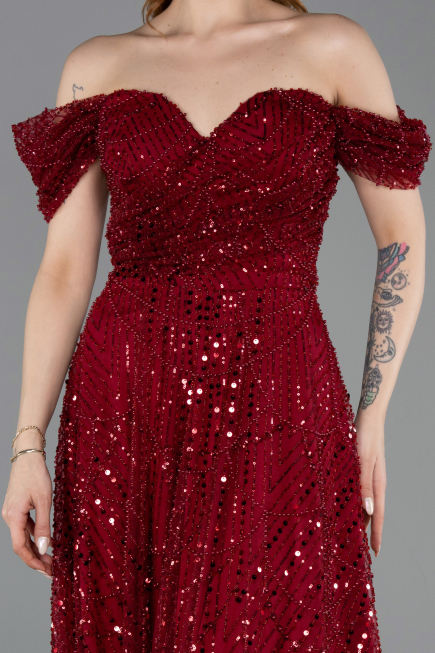 Robe De Soirée Midi Perlé Rouge Bordeaux ABK2594
