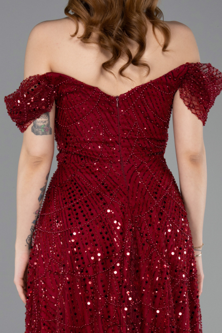 Robe De Soirée Midi Perlé Rouge Bordeaux ABK2594