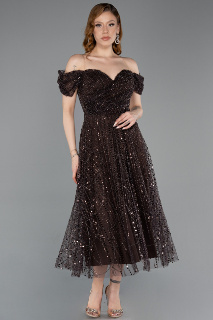 Robe De Soirée Midi Perlé Brun foncé ABK2594