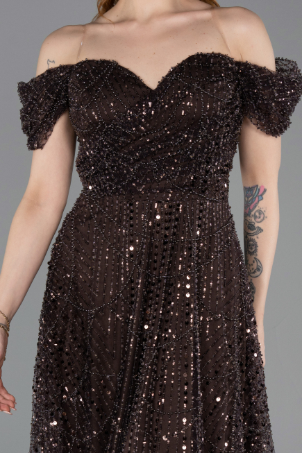 Robe De Soirée Midi Perlé Brun foncé ABK2594