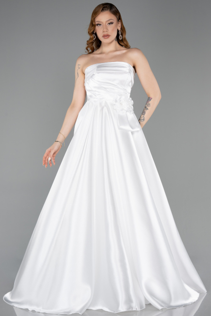 Robe de Soirée Longue Satin Blanc ABU5998