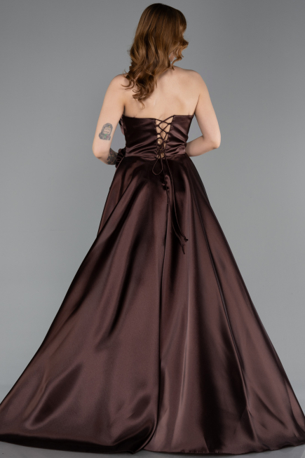 Robe de Soirée Longue Satin Brun ABU5998
