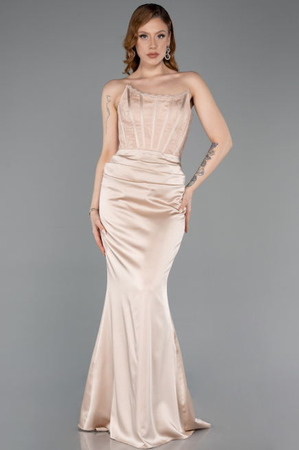 Robe de Soirée Longue Satin Beige ABU6000