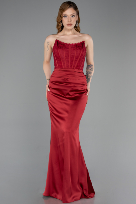 Robe de Soirée Longue Satin Rouge Bordeaux ABU6000