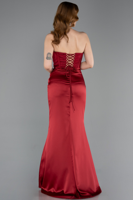 Robe de Soirée Longue Satin Rouge Bordeaux ABU6000