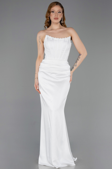 Robe de Soirée Longue Satin Blanc ABU6000