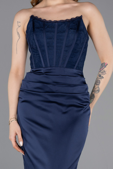 Robe de Soirée Longue Satin Bleu Marine ABU6000