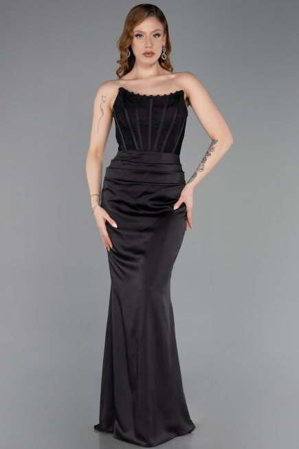 Robe de Soirée Longue Satin Noir ABU6000