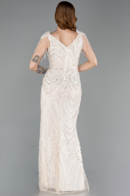 Robe de Soirée Longue Perlé Beige ABU5959