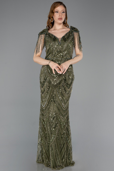 Robe de Soirée Longue Perlé Kaki ABU5959