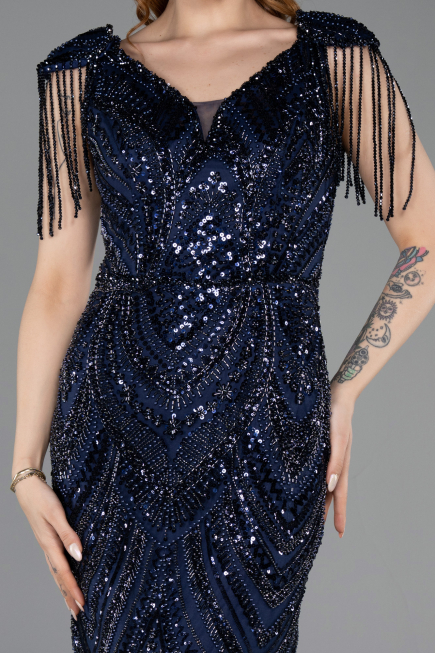Robe de Soirée Longue Perlé Bleu Marine ABU5959