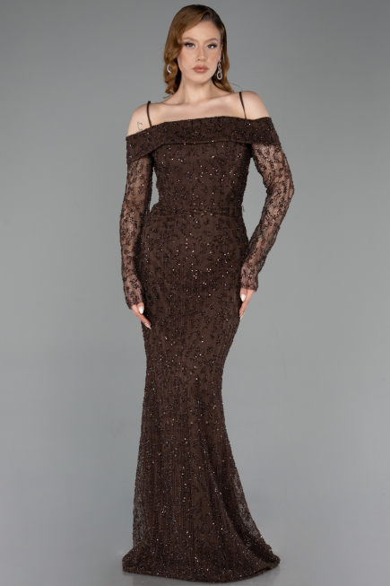 Robe de Soirée Longue Dantelle Brun ABU6004