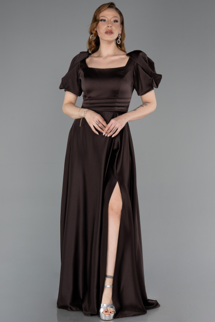 Robe de Soirée Longue Satin Brun ABU6005