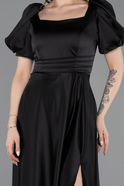 Robe de Soirée Longue Satin Noir ABU6005