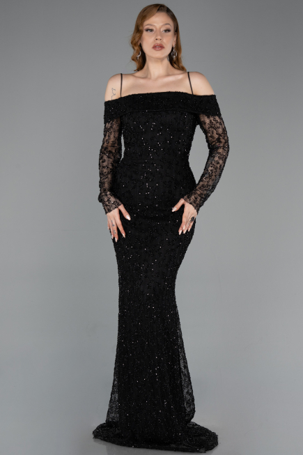 Robe de Soirée Longue Dantelle Noir ABU6004