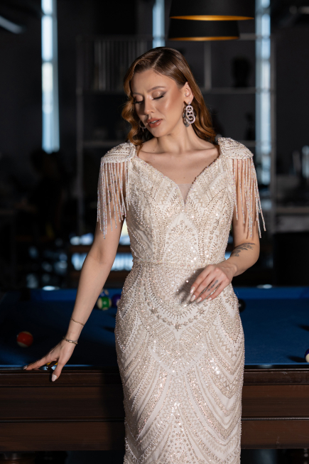 Robe de Soirée Longue Perlé Beige ABU5959
