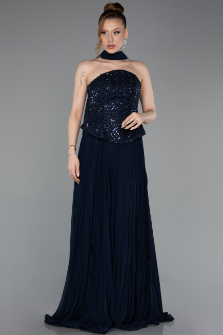 Robe de Soirée Longue Mousseline Bleu Marine ABU6011