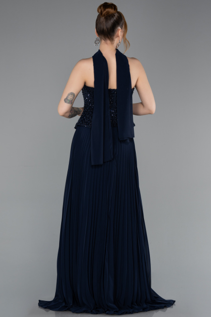 Robe de Soirée Longue Mousseline Bleu Marine ABU6011
