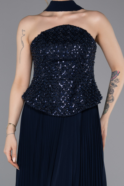 Robe de Soirée Longue Mousseline Bleu Marine ABU6011