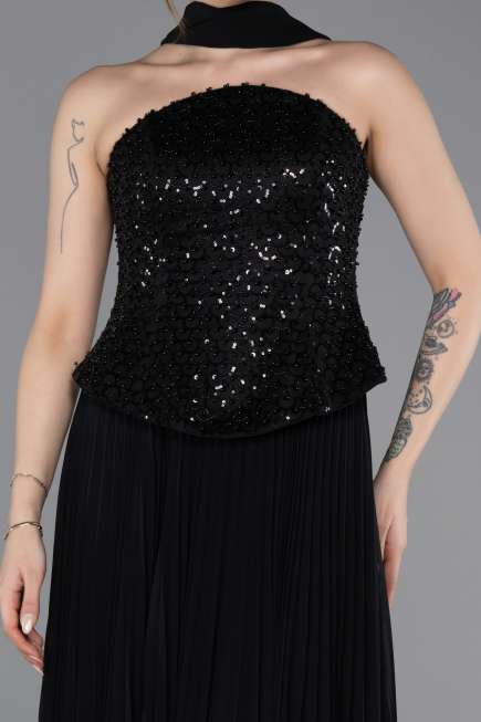 Robe de Soirée Longue Mousseline Noir ABU6011