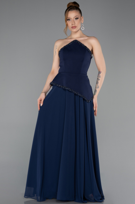 Robe de Soirée Longue Mousseline Bleu Marine ABU5681