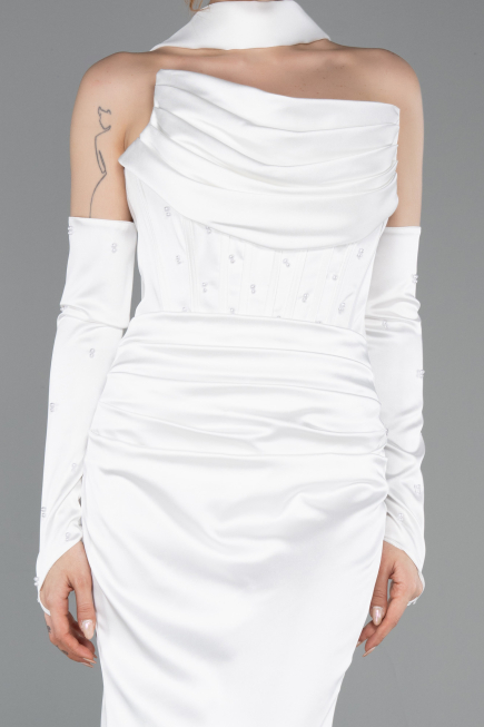 Robe de Soirée Longue Satin Blanc ABU5944