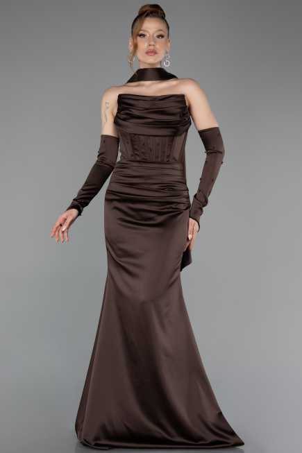 Robe de Soirée Longue Satin Brun ABU5944